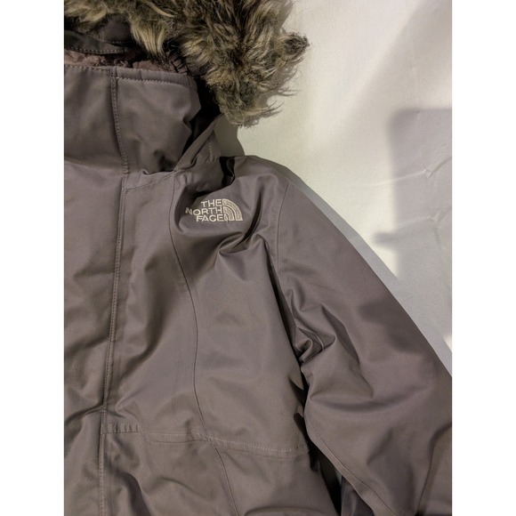 North Face Girls Large Long Goose Down Parka Jacket Hooded Sherpa Trim Winter - Picture 3 of 8